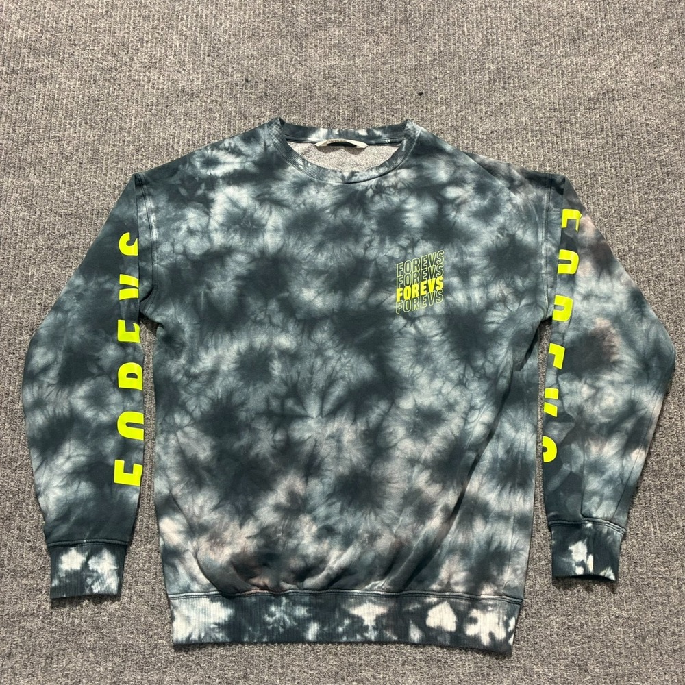 H&M Boys‎ Pullover Sweatshirt 16/18 Black Gray Tie-Dye FOREVS Graphic Crew Neck